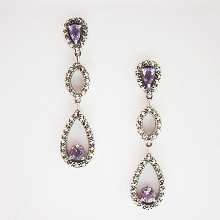 Amethyst Teardrop Earrings with Marcasite - Click Image to Close